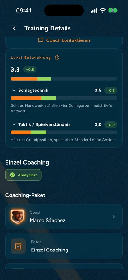 App-Ansicht nach einer Analyse mit der Level-Entwicklung je Fähigkeit