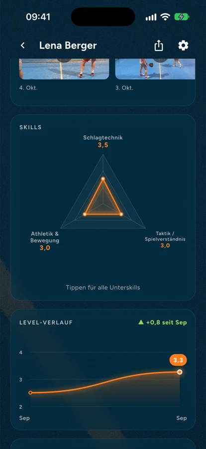 Spielerprofil in der App mit Skill-Radar und Level-Verlauf