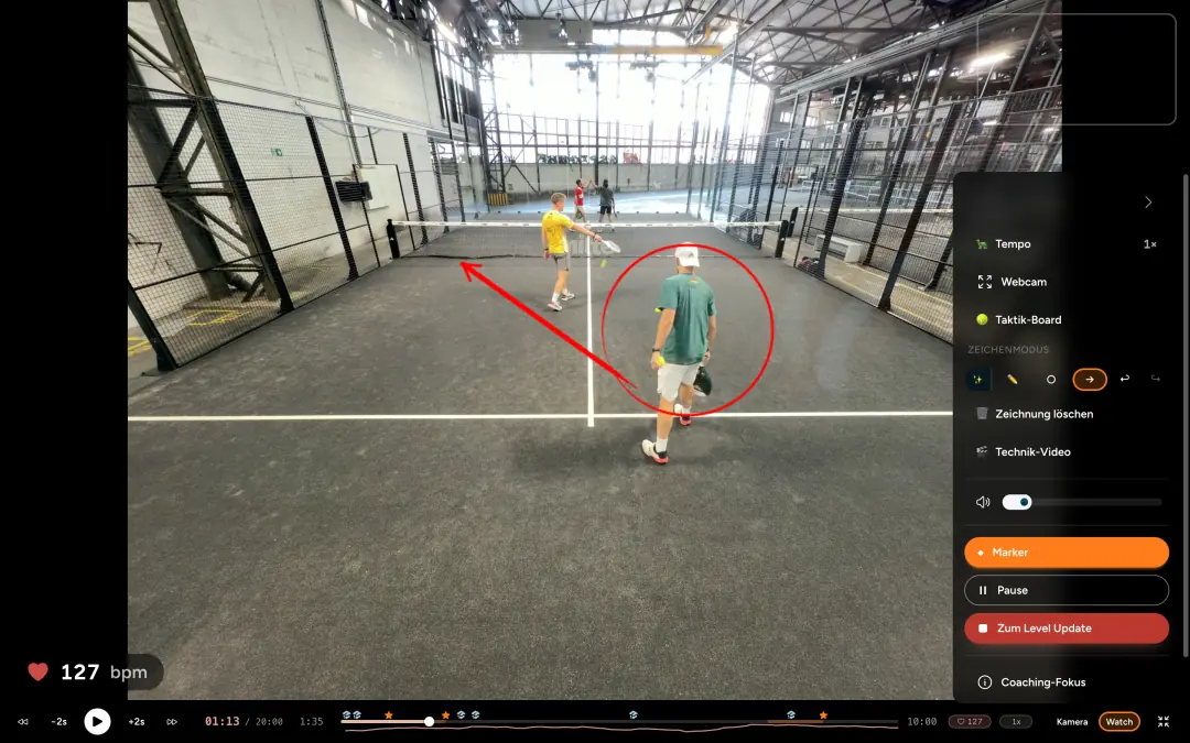 Analyse-Editor mit eingekreistem Spieler und Pfeil im Matchvideo